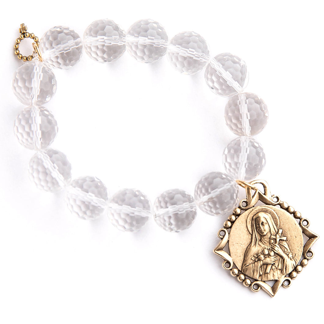 Clear Faceted Quartz with Saint Therese -an exclusively cast medal from jen's personal vintage collection