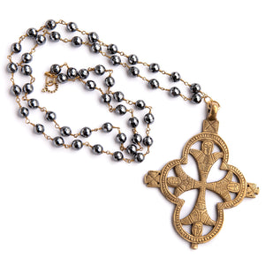 Faceted gunmetal hematite rosary necklace with large brass Nepalese cross