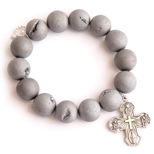 Matte Grey Druzy Agate with Silver 5-Way Cross