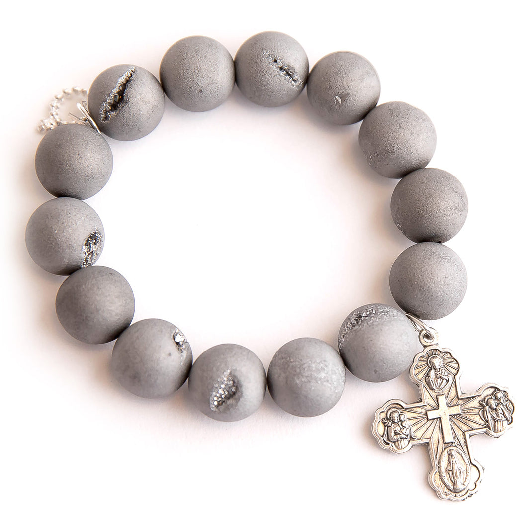 Matte grey druzy agate paired with a silver cross