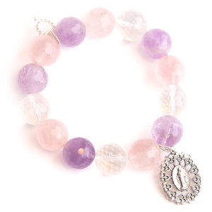 Lavender field quartz paired with an ornate Blessed Mother medal