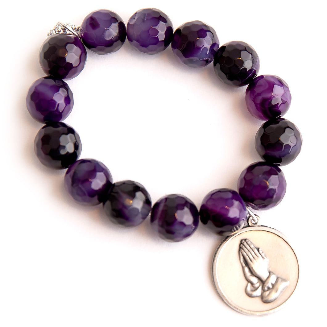 Faceted purple striped agate paired with Serenity Prayer medal