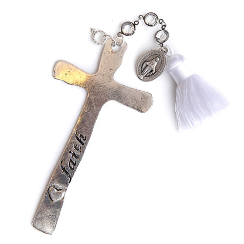 Silver cross Faith bookmark with crystal rosary chain leading to a white silk tassel featuring the Blessed Mother