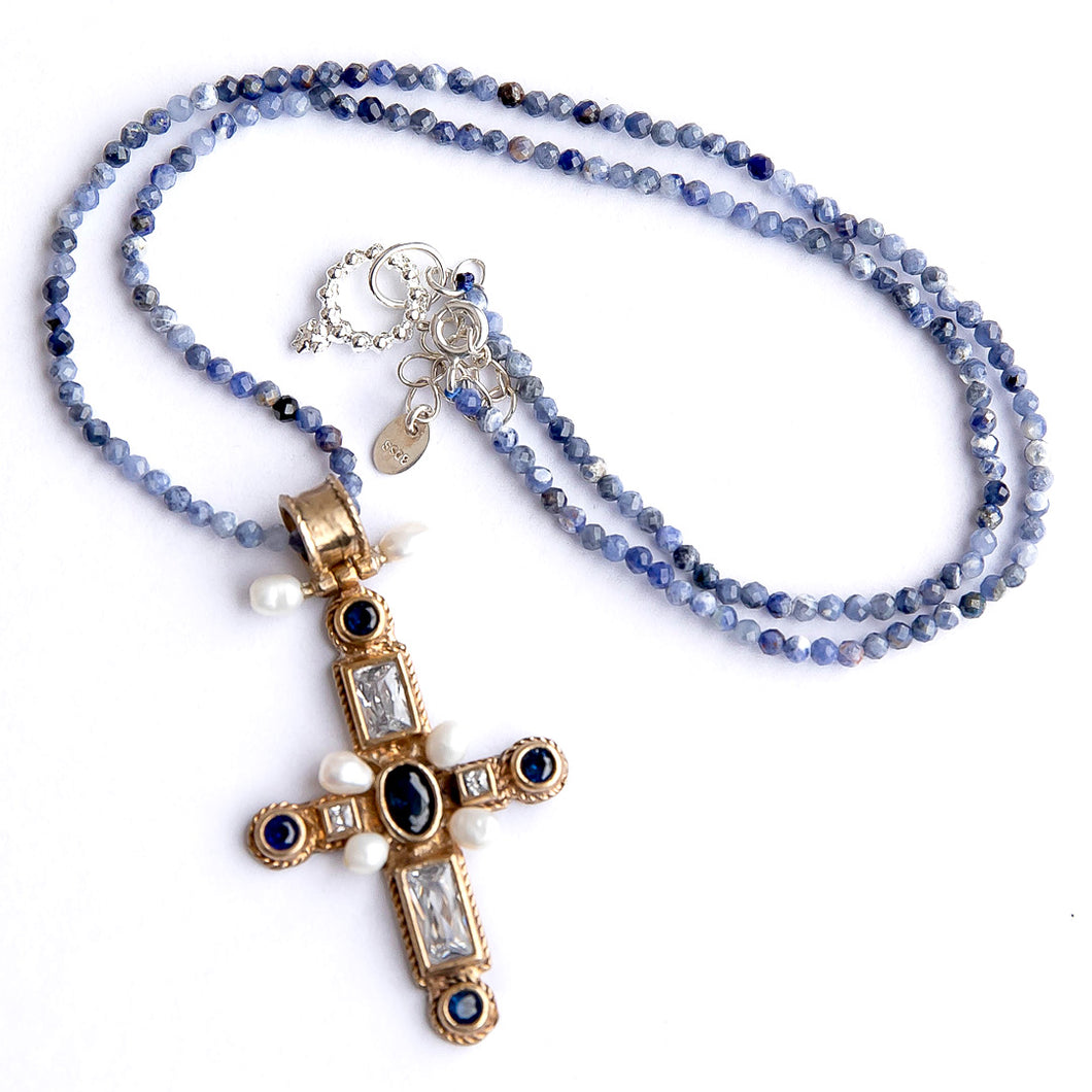 Dumortierite Beaded Necklace featuring Sterling Silver with Gold Plating Cross Pendant