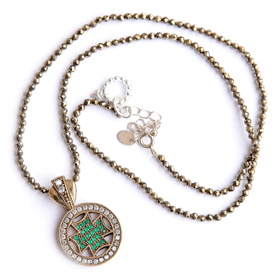 Pyrite Beaded Necklace featuring a Sterling Silver with Gold Plating Cross Pendant