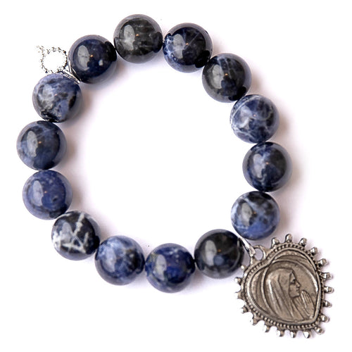 Dumortierite featuring an exclusively cast silver heart shaped Blessed Mother medal
