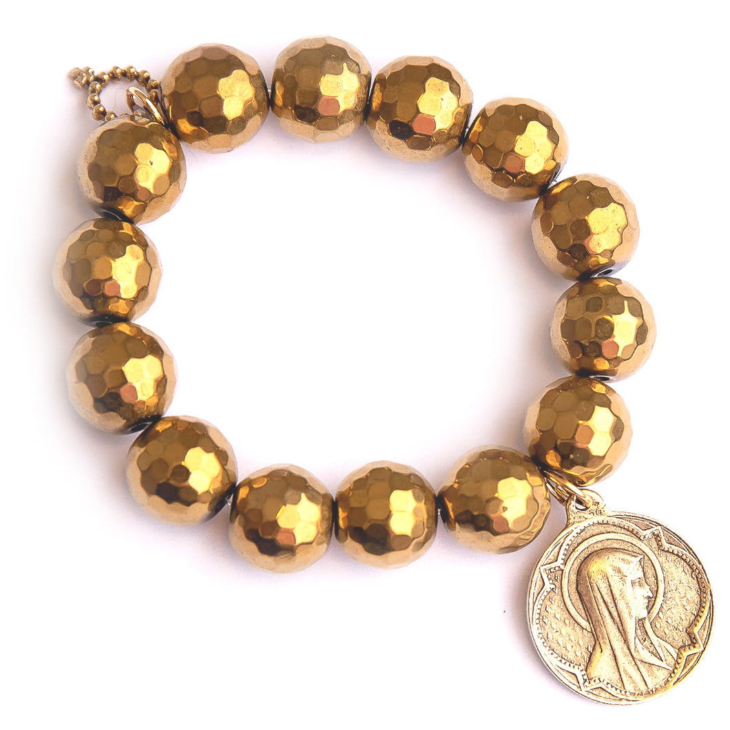 Faceted gold hematite paired with a bronze Queen of Heaven medal