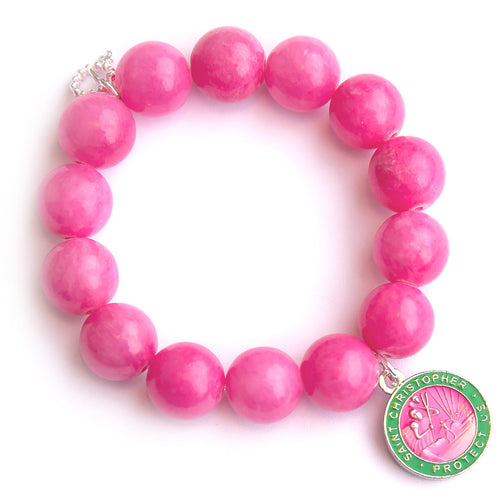 Pink lady agate paired with a pink and green enameled Saint Christopher