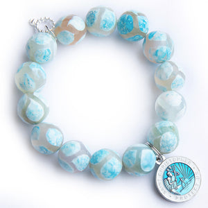 Powder blue gingham agate paired with a blue enameled Saint Christopher