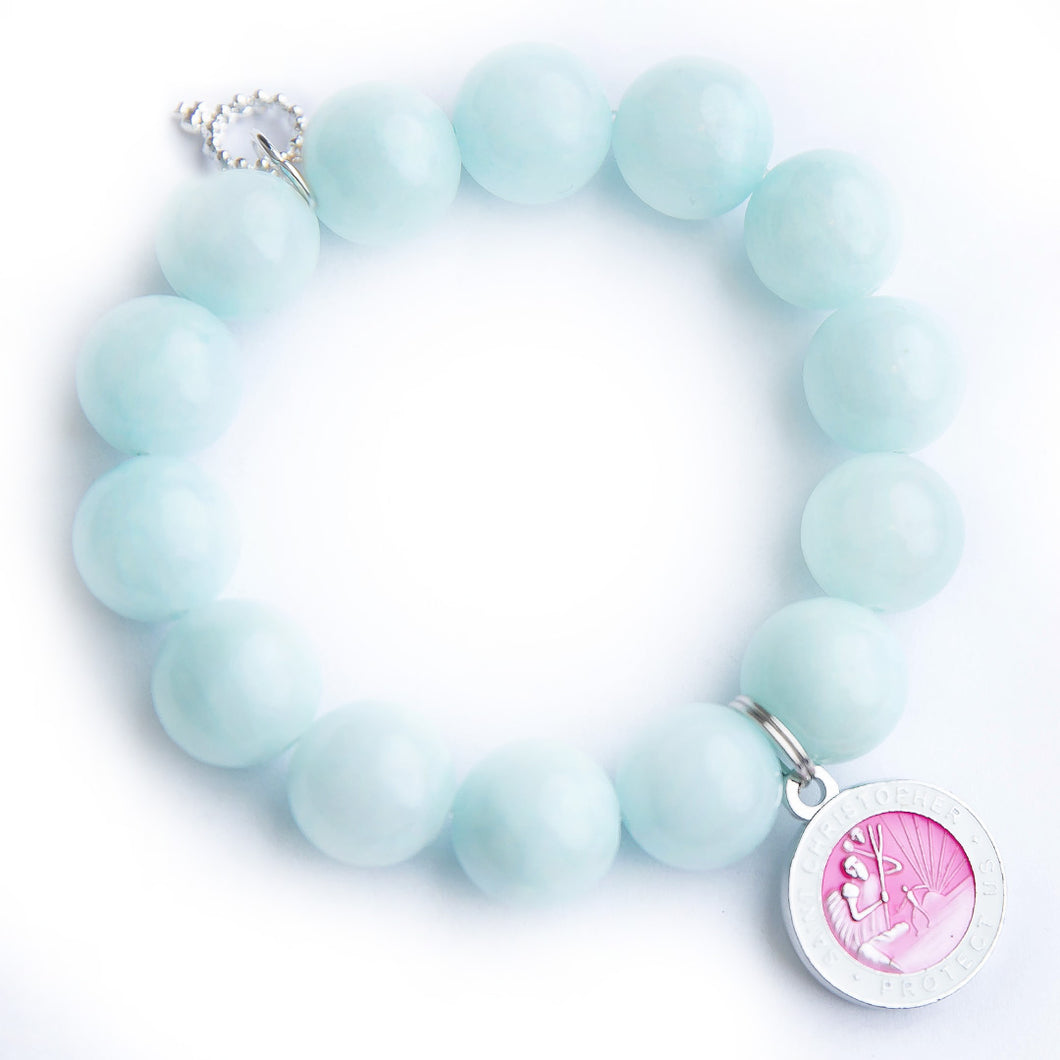 Aqua jade paired with a pink enameled Saint Christopher