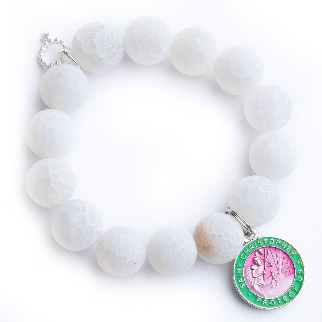 Frosted white lace agate paired with a pink & green enameled Saint Christopher