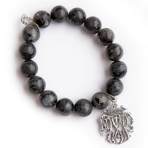12mm Charcoal grey jasper with silver Notre Dame Cathedral medal