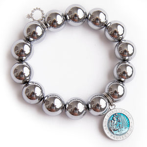 Silver hematite with blue enameled Saint Christopher