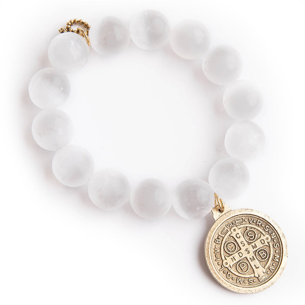 White calcite paired with a bronze Saint Benedict medal an exclusively cast medal from jen's personal vintage collection
