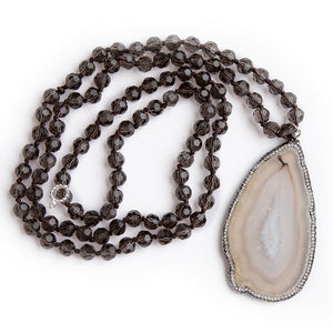 Smokey quartz hand tied gemstone necklace with a pave surround agate slice