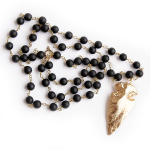 Matte black onyx rosary chain with brass arrowhead