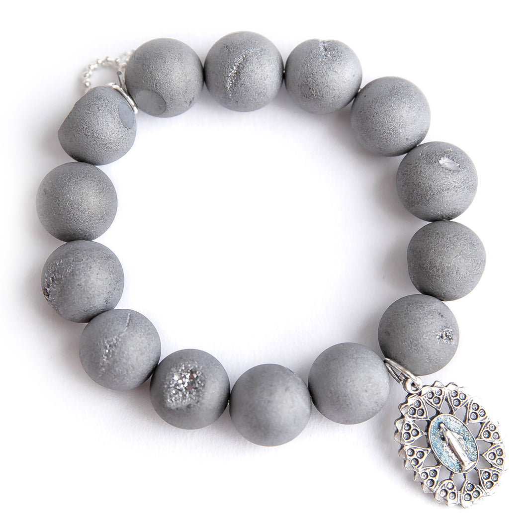 Matte grey druzy agate paired with a silver ornate Blessed Mother mother