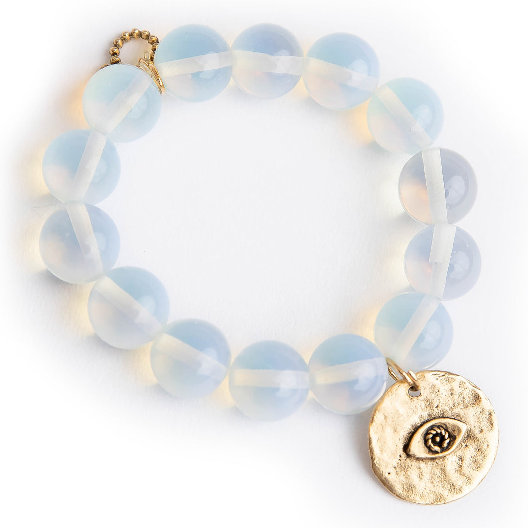 Opalite with a bronze hammered evil eye