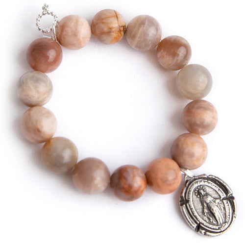 Moonstone paired with a silver oval Blessed Mother medal