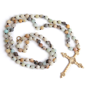 Hand tied matte amazonite gemstone necklace with brass cross