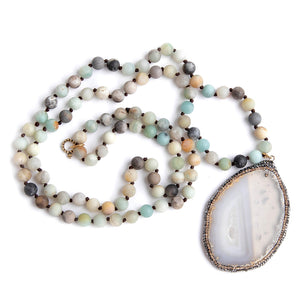 Hand tied amazonite gemstone necklace paired with a pave surround agate slice