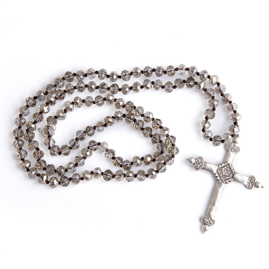 Faceted Light Grey Quartz hand tied gemstone necklace with silver cross