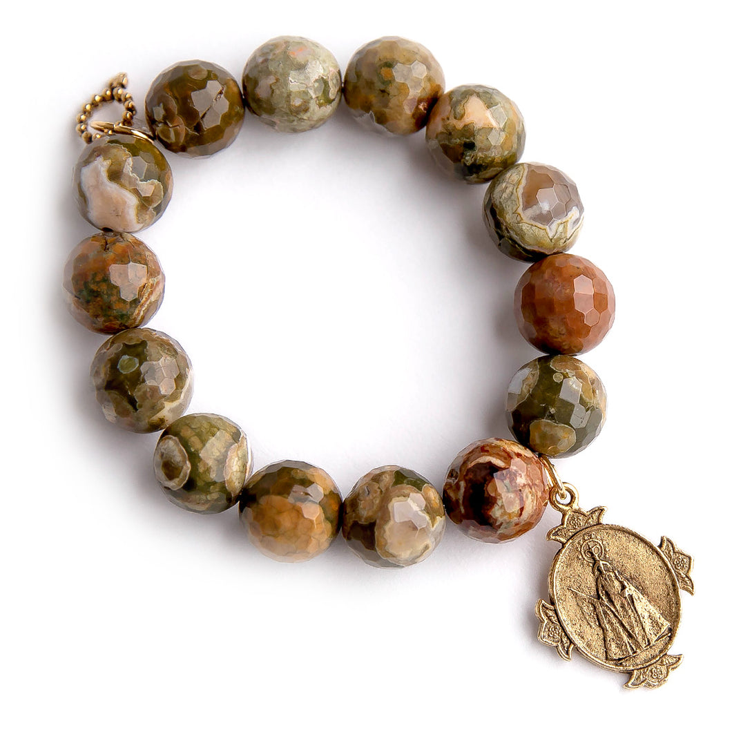 California camouflage agate paired with an exclusively cast bronze Queen of Heaven medal