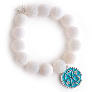 Matte white lace agate paired with an aqua blue enameled lucky charms medal