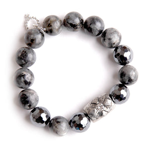 Charcoal grey jasper paired with a silver barrel cross and hematite accents