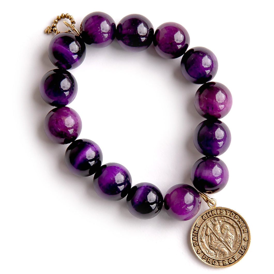 Boysenberry Tiger Eye paired with a bronze Saint Christopher medal