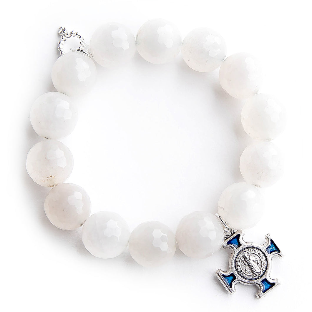 Faceted white jade paired with a blue enameled Saint Benedict cross