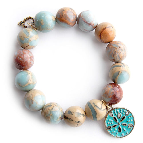 Aqua terra jasper paired with a blue enameled sand dollar