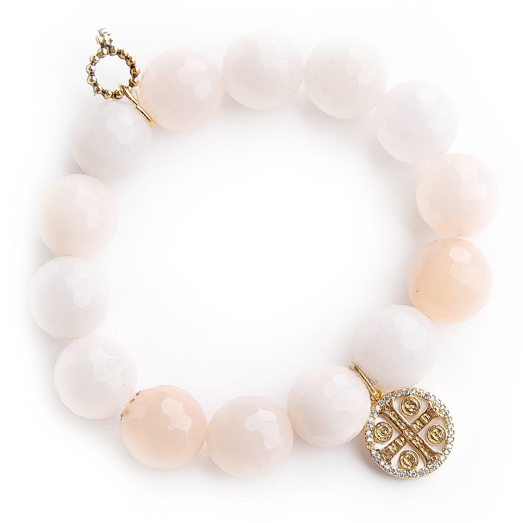 Faceted pink aventurine paired with mother of pearl St. Benedict