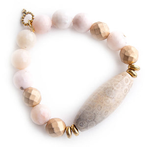 Fossil Coral barrel with matte gold accents on 12mm pink opal