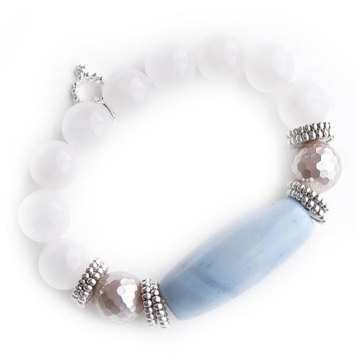 Ethereal agate barrel with mother of pearl accents on 12mm white jade
