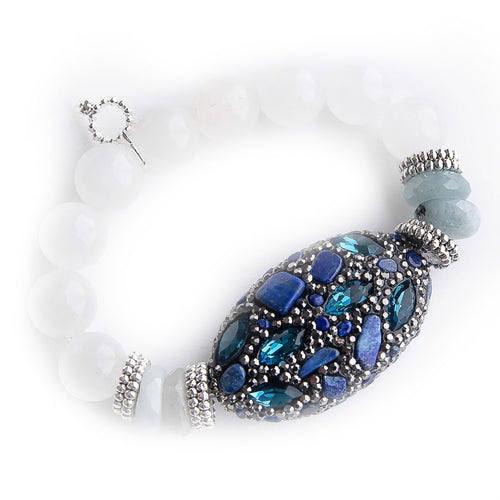 Azul Mosaic with aquamarine rhondelle accents on 12mm white jade
