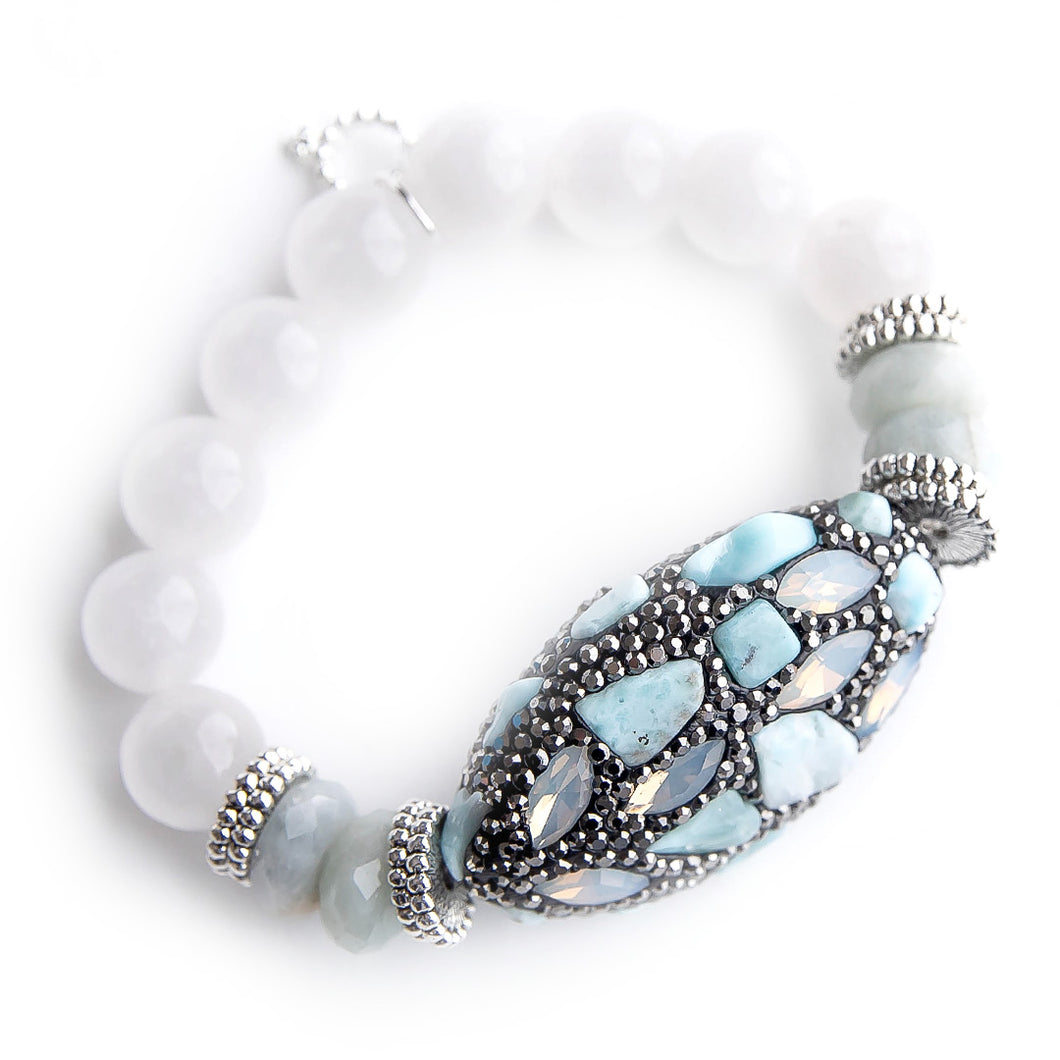 Light Aqua Mosaic with aquamarine rhondelle accents on 12mm white jade