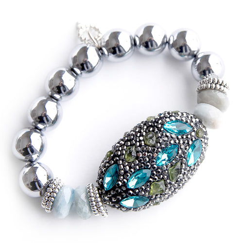 Bali mosaic with aquamarine rhondelle accents on 12mm silver hematite