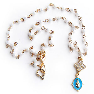 18" White Agate Rosary Chain with Pave Clover and Blue Enameled Blessed Mother