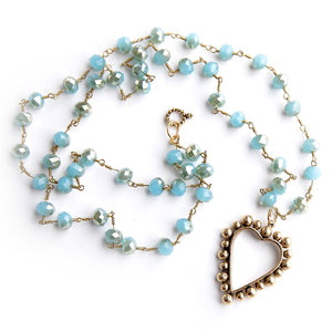 34" Iridescent Blue Agate Rosary Chain with Brass Dotted Heart