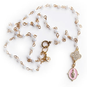18" White Agate Rosary Chain with Pave Clover and Pink Enameled Blesses Mother