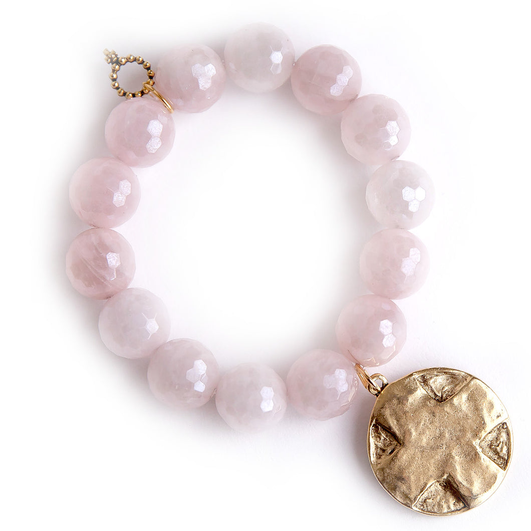 Faceted Iridescent Rose Quartz paired with a brushed bronze Lord's Prayer