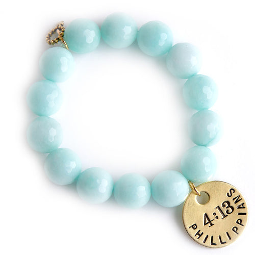 Aqua jade paired with a bronze hand stamped Philippians 4:13 medal