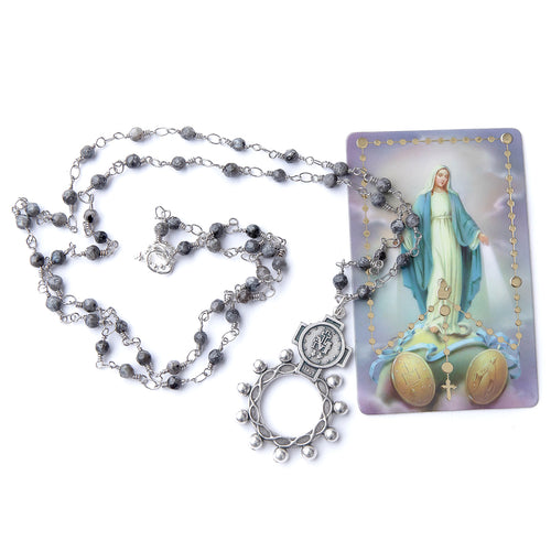 Grey agate rosary chain featuring a silver rosary ring pendant and prayer card