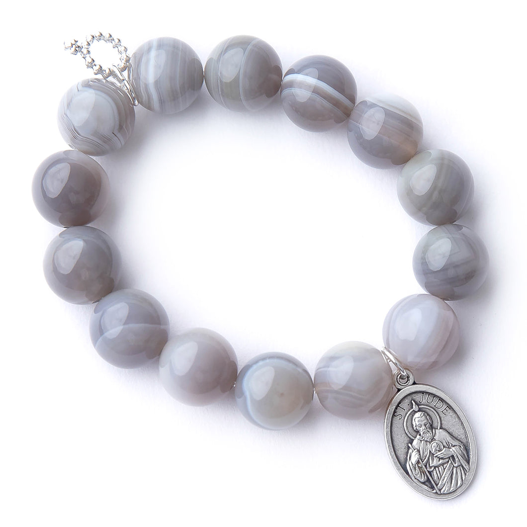 Grey swirl agate with a silver oval Saint Jude medal