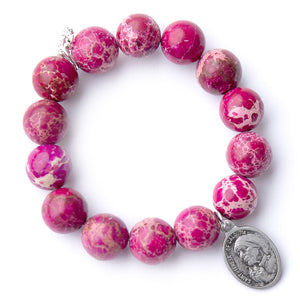 Pink sediment jasper with silver oval Saint Mother Teresa of Calcutta medal-Patron Saint of World Youth Day and Charity