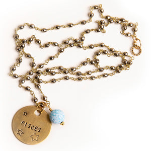 Gold hematite rosary chain necklace with aquamarine agate accent and hand stamped bronze Pisces medal