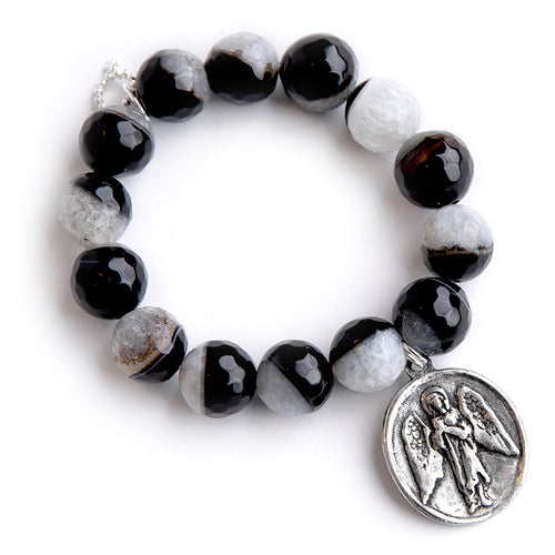 Faceted Crescent Moon Agate paired with a silver Guardian Angel