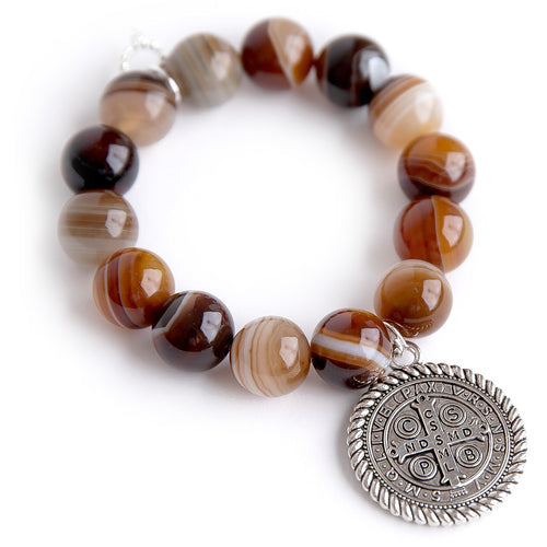 Brown Striped Agate paired with a silver braided St. Benedict