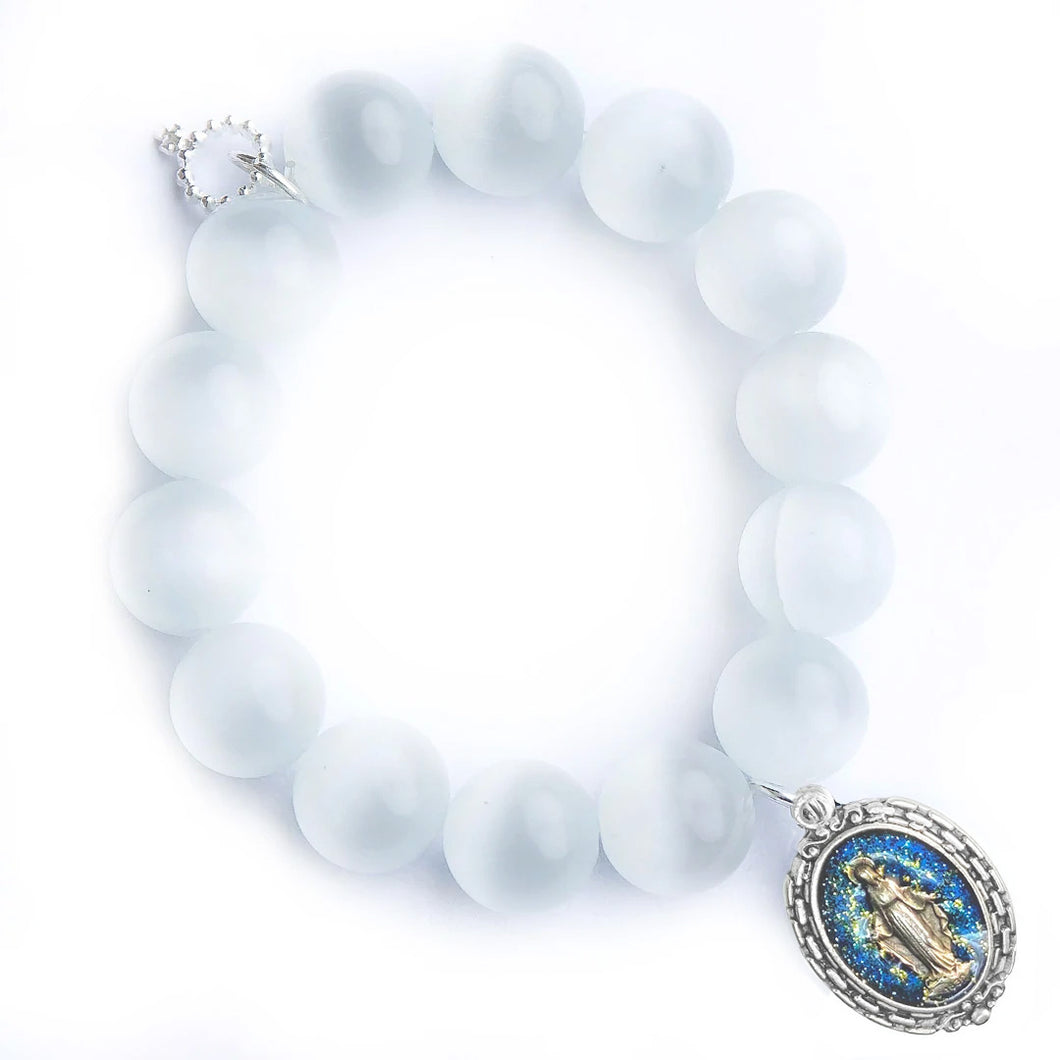 White Calcite paired with an oval Blue Enameled Blessed Mother